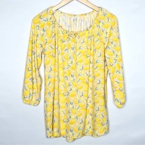 Lands’ End Lemon Print 3/4 Sleeve Top Size Large (14-16) Stretch Neck with Tie